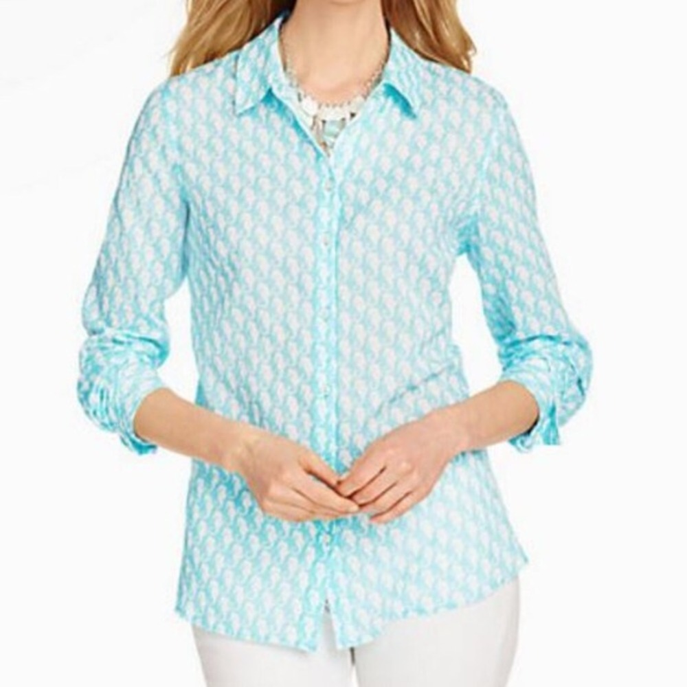 Talbots Seahorse Button Up Shirt Size M Aqua White Roll Tab Sleeves 100% Cotton‎
